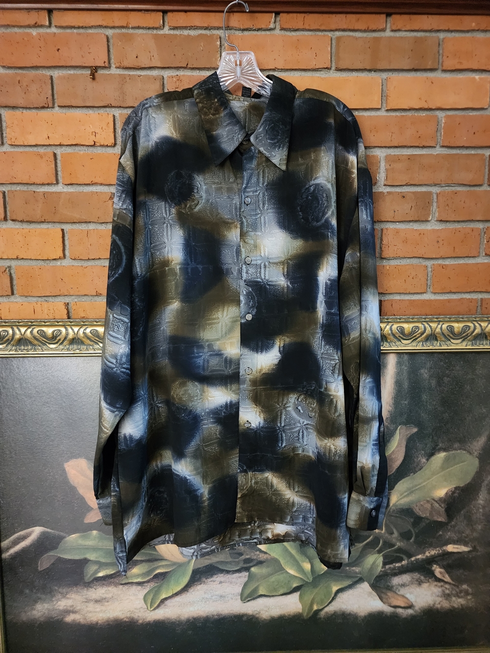 Men's Long-Sleeve Dress Shirt in Black and Olive Tie-Dye